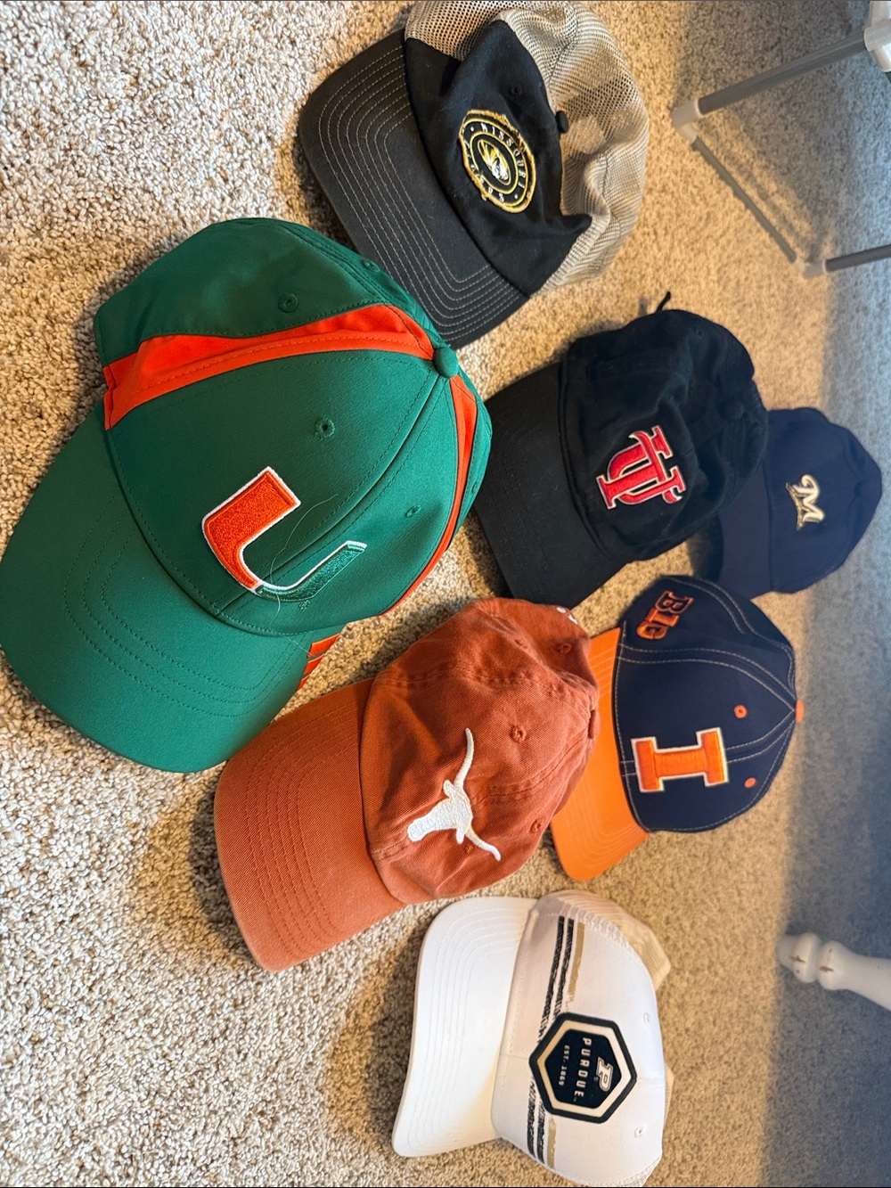 NCAA College Sports Hat Bundle Lot (7 Caps) - Texas Purdue Miami IU